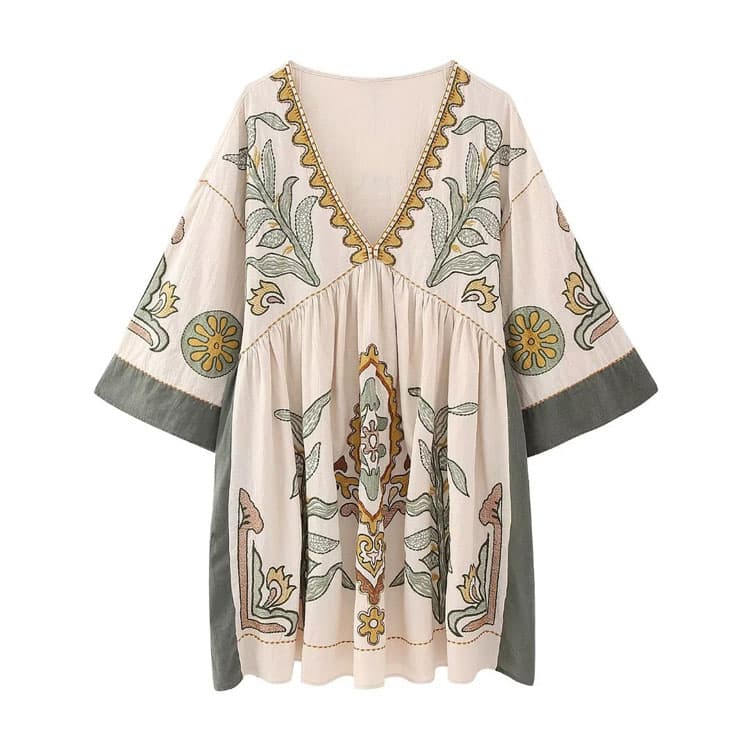 Wholesale 2024 New Summer Floral Embroidery V Neck Half Sleeve Loose Women Casual Midi Dress