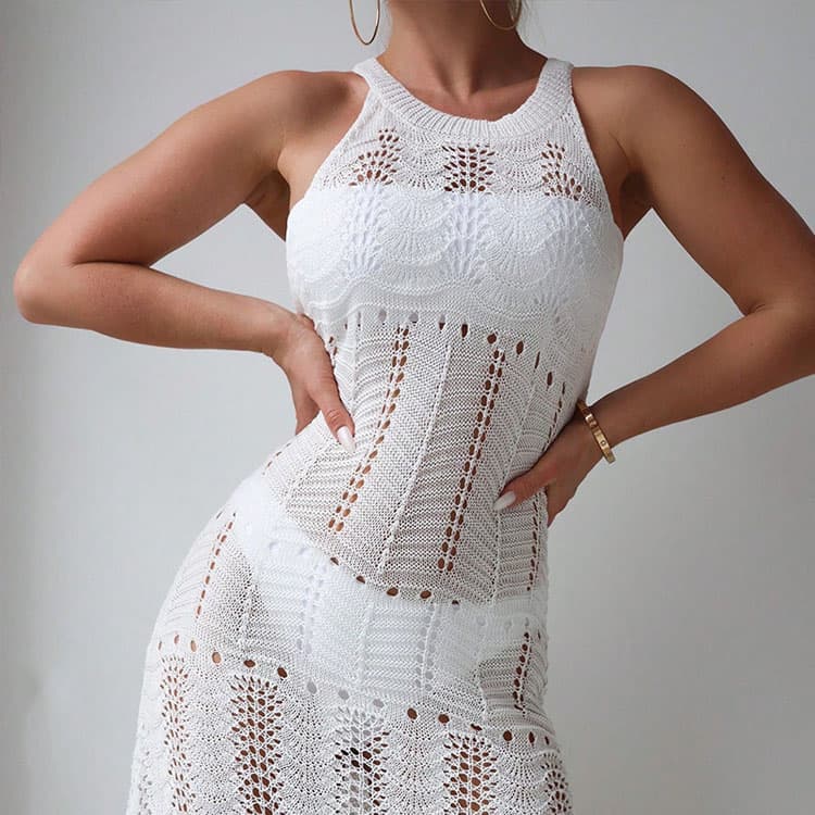 2024 New Fashion Loose Sexy Bikini Sun Skirt Beach Resort Tank Dress Women Swim Knitted Cover up
