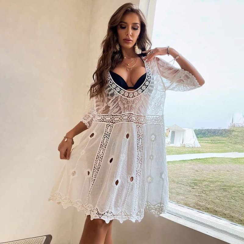 New Summer wings Lace See Through Hollow Out Mesh Chiffon Bikini Swimsuit Women Beach Wear Cover up