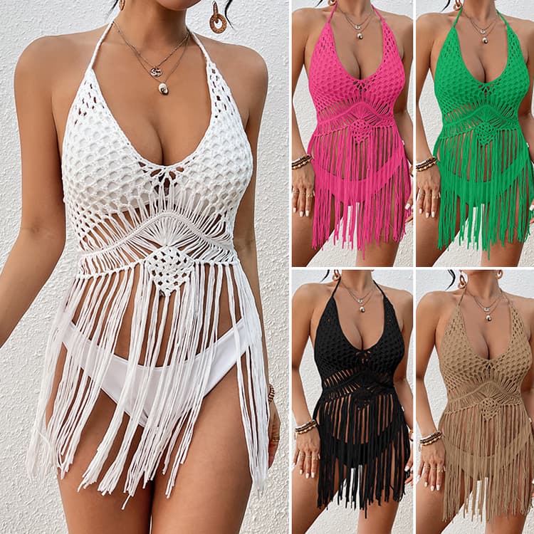 2024 New Sexy Hand Hook Tassel Fringe Skirt Knitted Halter Beach Cover up Women Bikini Short Tops