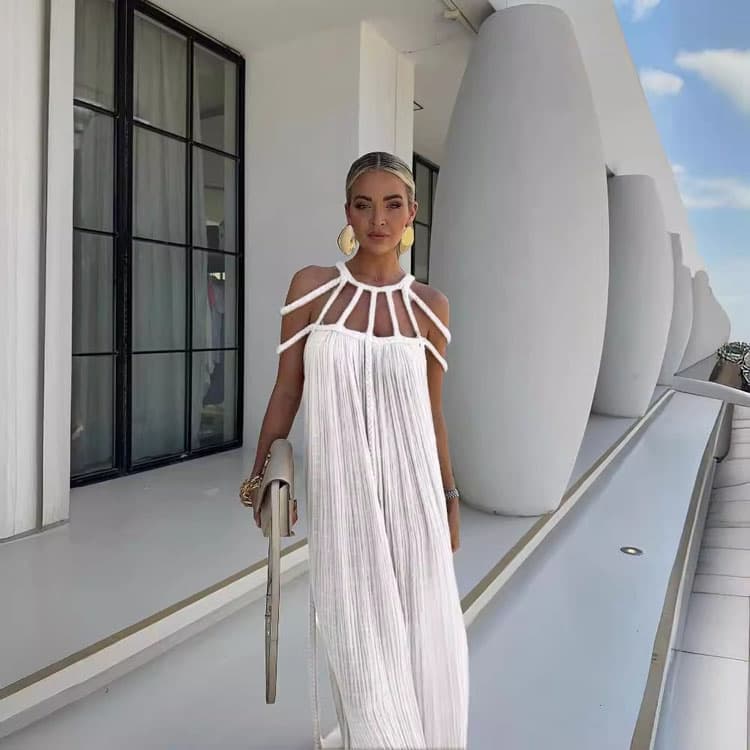 2024 New Loose Sleeveless Backless Crochet Cut Out Off Shoulder Long Dress Women Beach Dress
