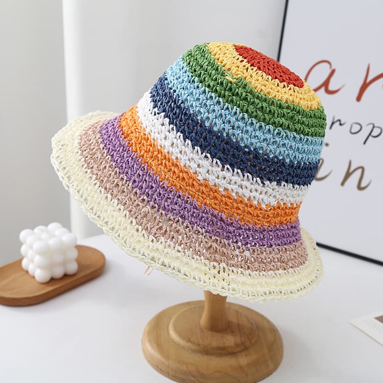 Rainbow Strip Hat Korea Girl Small Fresh Woven Bucket Straw Hat