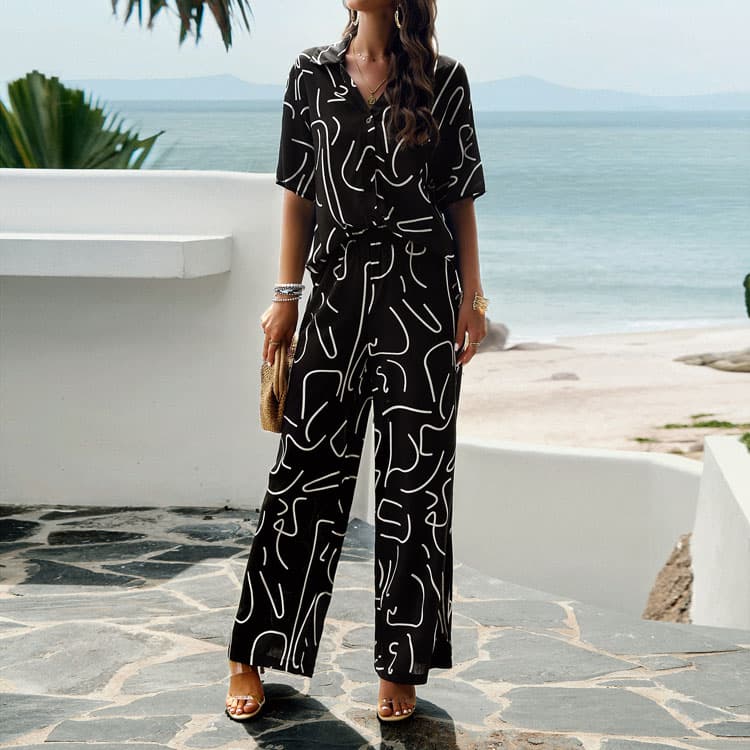Loose Casual Outfits 2024 New Fashion Temperament Printed Short Sleeve Set Women Two Piece Sets