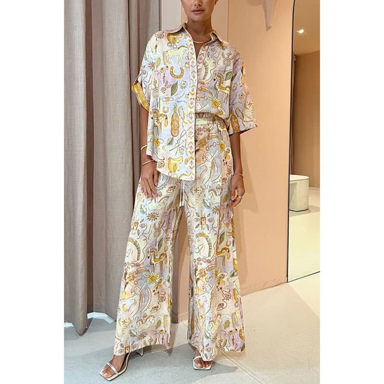 Loose Casual Outfits 2024 New Fashion Pockets Printed Short Sleeve Pant Set Women Two Piece Sets