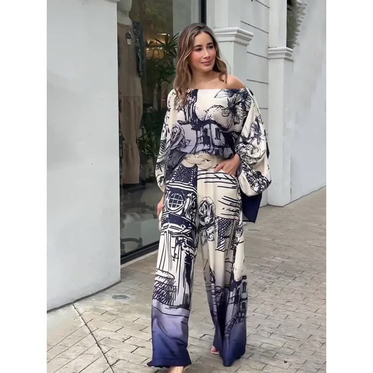 2024 New Fashion Printed Long Sleeve Bat Shirt Wide Leg Pants Set With Belt Women Two Piece Sets