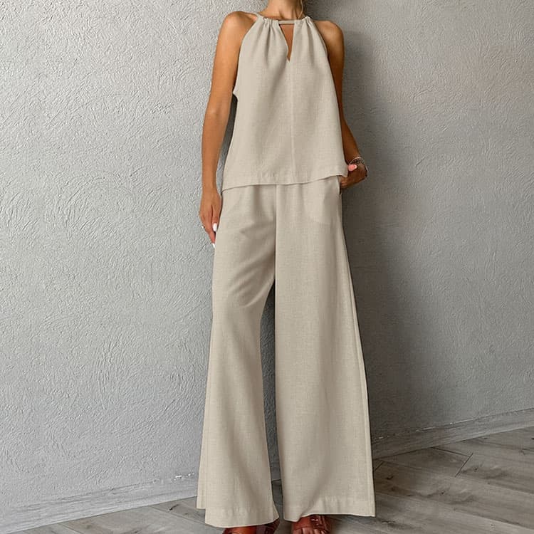 Hot Selling 2024 Fashion New Hollow Tie Sleeveless Vest Wide Leg Pants Set Women Two Piece Set