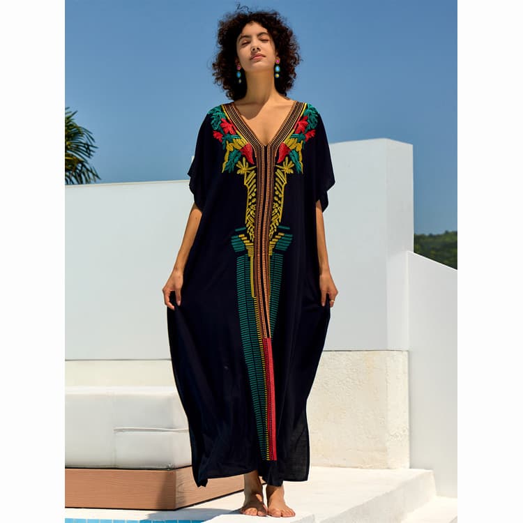 Wholesaler Rayon Embroidered Gowns Oversize Vacation Black Dresses Beach Sexy Cover Ups for Women