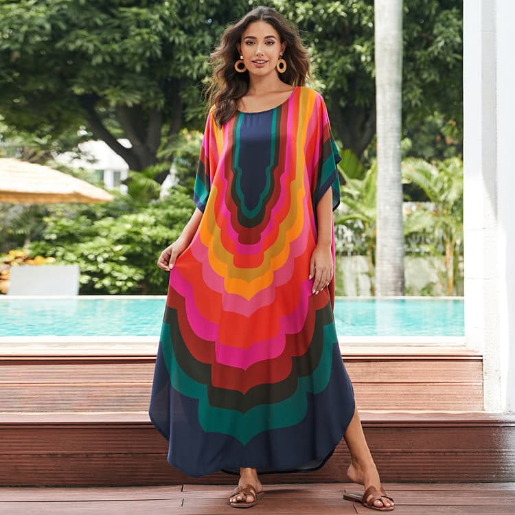 Wholesaler Vacation Robe Positioning Rayon Printed Dresses Women Oversize Beach Sexy Cover Ups