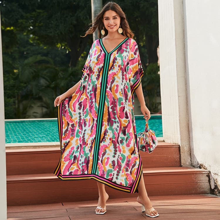 Wholesaler Loose Beach Blouse Printed Long Dress With Small Tote Bag Women Beach Sexy Cover Ups