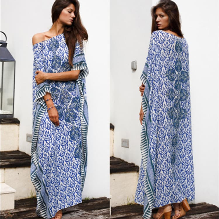 Wholesaler Loose Rayon Positioning Printed Robe Vacation Dress Beach Sexy Cover Ups for Women