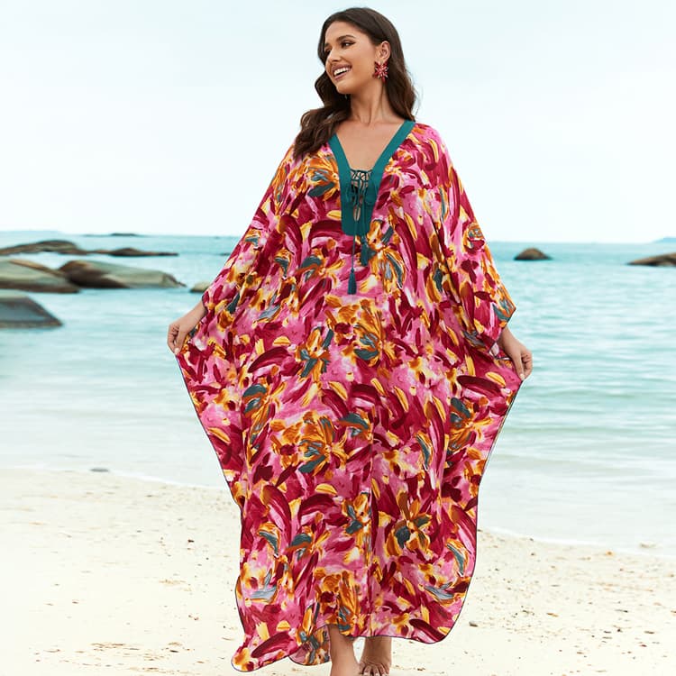 Wholesaler Holiday Long Dresses Rayon Printed Flowers Robe Oversize Women Beach Sexy Cover Ups