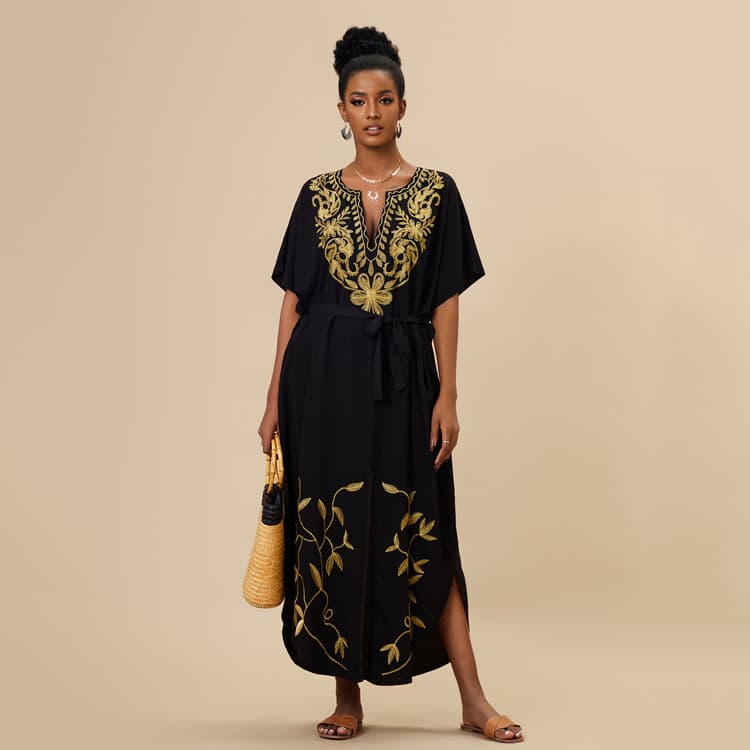 Wholesaler Loose Gold Embroidered Belted Vacation Long Dresses Beach Sexy Cover Ups for Women