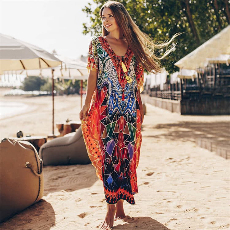 Wholesaler Silky Positioning Printed Vacation Long Dresses Oversize Women Bikini Beach Cover up