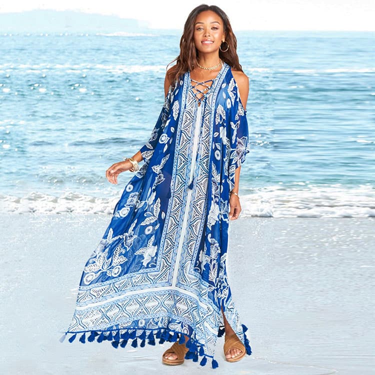 Wholesaler Blue White Printed Floral Tie Rope Loose Ladies Holiday Dress Beach Cover up for Women