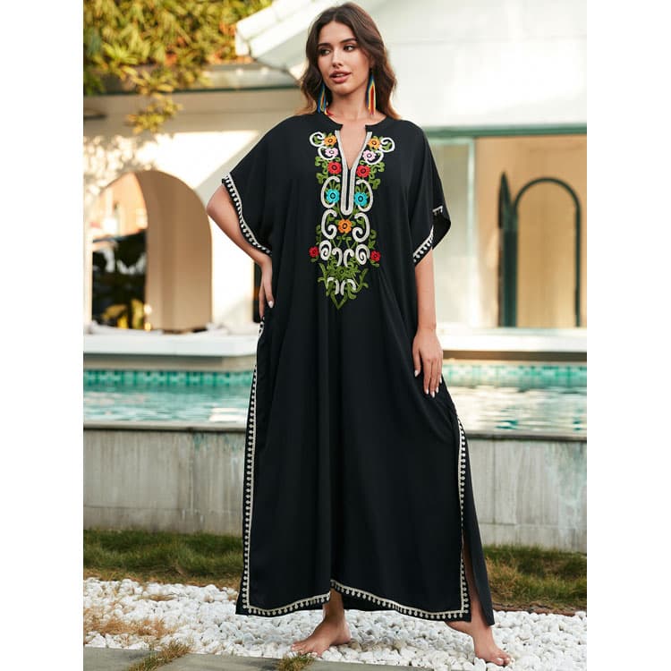 Wholesaler Loose Rayon Embroidered Ladies Holiday Long Dress Oversize Women Beach Sexy Cover Ups