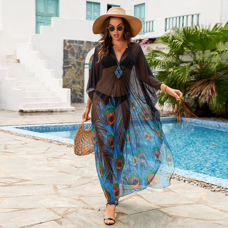 Wholesaler Loose Gauze Dress Positioning Printed Holiday Dress Beach Sexy Cover up for Women