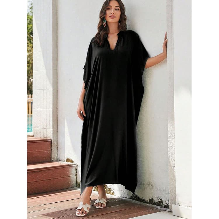 Wholesaler Loose Rayon Solid Colour Holiday Long Dress Women Bikini Sun Shirt Beach Sexy Cover up