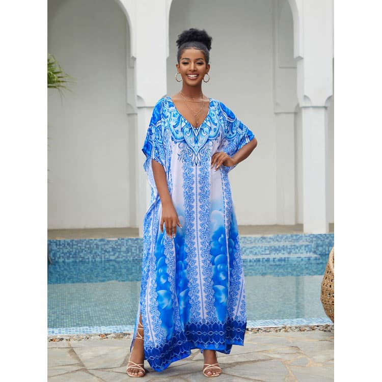 Wholesaler Loose Rayon Printed Holiday Long Dress Women Bikini Sun Shirt Beach Sexy Cover up