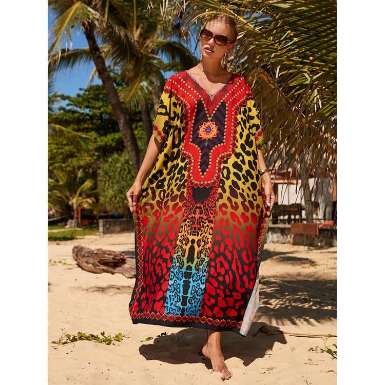 Wholesaler Loose Colourful Leopard Dot Holiday Dress Women Bikini Sun Shirt Beach Sexy Cover up