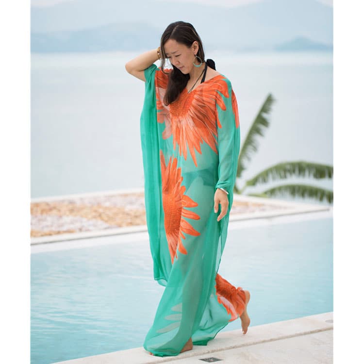 Wholesaler Printed Sunflower Oversized Chiffon Beach Blouse Women Bikini Sun Shirt Beach Cover up