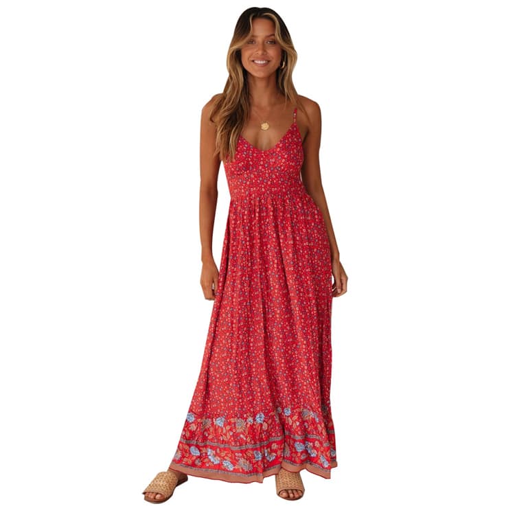 2023 Summer New Large Swing Skirt Hot Bohemian V Neck Sling Floral Dress