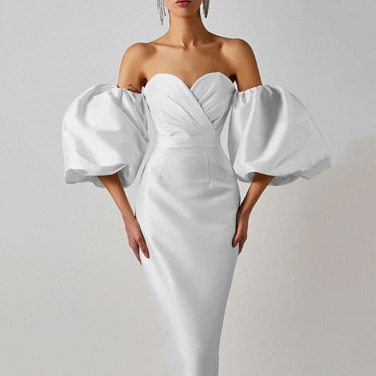 Solid Shoulder Wrap Dress Big Bubble Sleeve Party Dress Women Sexy Fashion Dress