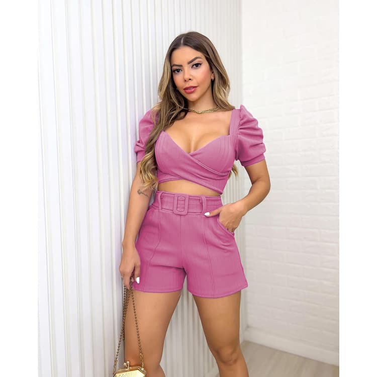 2023 Spring Trendy V Neck Puff Sleeve Short Tops and Shorts With Belt Solid Color 2 Pieces Women Set