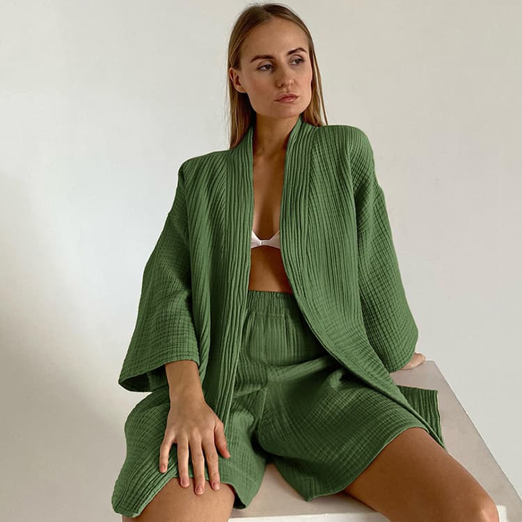 2023 Spring Summer Japanese Style Solid Color Cardigan Tops and High Waist Shorts Lounge Wear Pajamas Women Set Suits