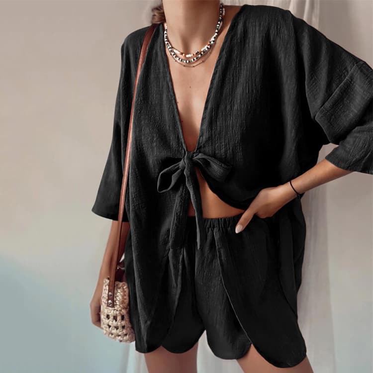 2023 New Sexy Cardigan Robe and Shorts Solid Color Pajamas Lounge Wear Women Set Suits
