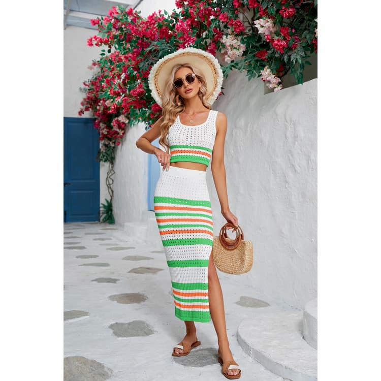 2023 Summer Beautiful Comfortable Casual Striped Square Neck Top and Open Long Skirt Set Women Set Suits