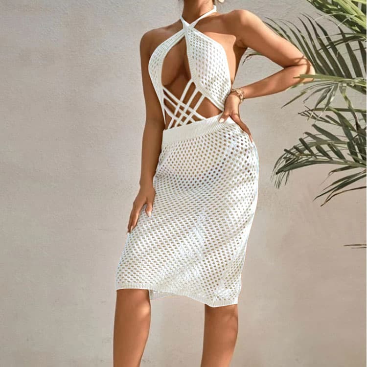 New V Neck Backless Knit Beach Blouse Halter Neck Sexy Beach Dress for Women