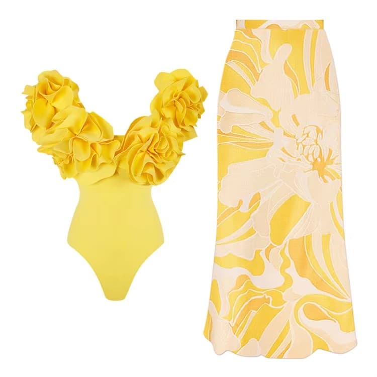 2024 New Three Dimensional Flower One Piece Swimsuit Beach Vacation Suit Skirt Swimsuit for Women