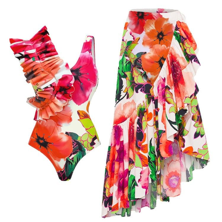 2024 New Sexy Ruffle Printed Swimwear Mesh Long Skirt One Piece Bikini Swimsuit for Women