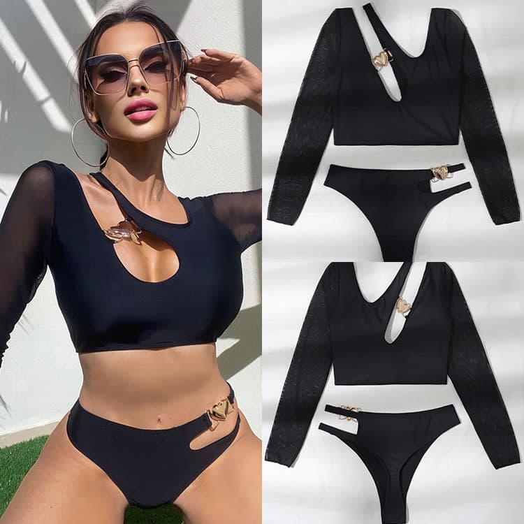 2024 New Style Stitched Long Sleeved Sunscreen Sexy Two Piece Set Bikini for Women