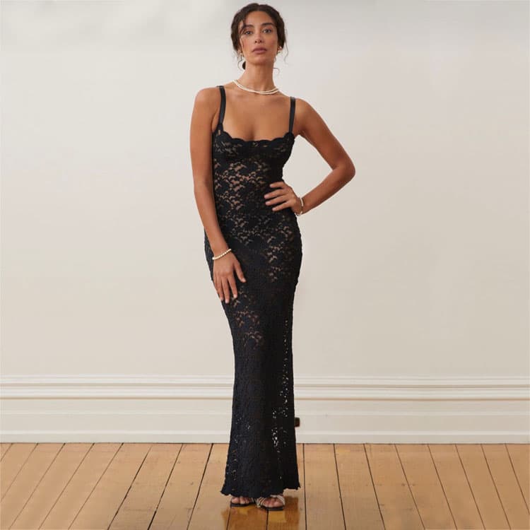 2025 Summer New Fashion One Shoulder Sexy Perspective Lace Slim Dress Lace Pure Black Dress