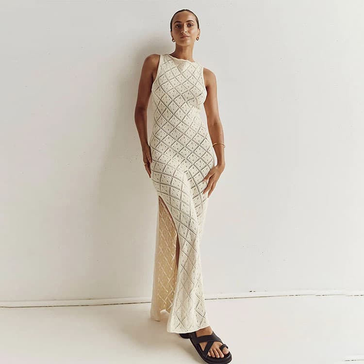 Sexy Crocheted Hollow Knitted Slit Dress Skirt Women Bikini Swimsuit Vacation Beach Cover up