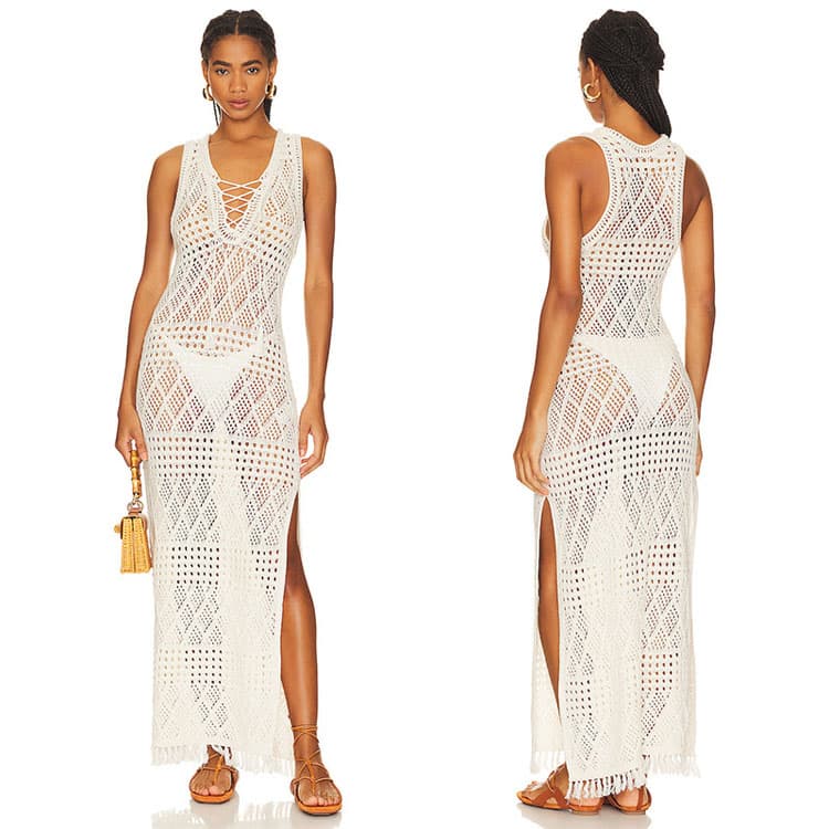 New Hollow Knitted Sunscreen Bikini Cover Ups Swimsuit Sexy Front Strappy Beach Slip Dress