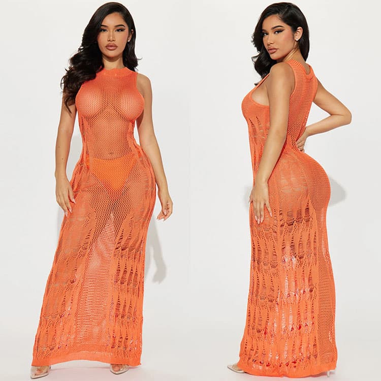 2024 Hollow Knitted Tank Beach Cover up Vacation Sexy Women Bikini Top Long Skirt