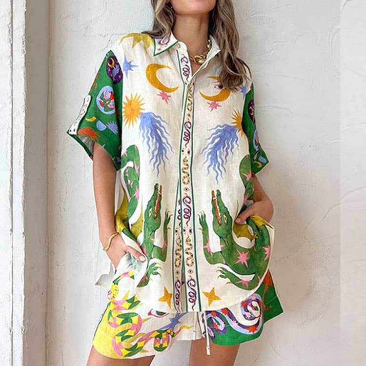 2024 Summer New Women Office Printing Short Sleeve Casual Fashion Pants Women Clothes
