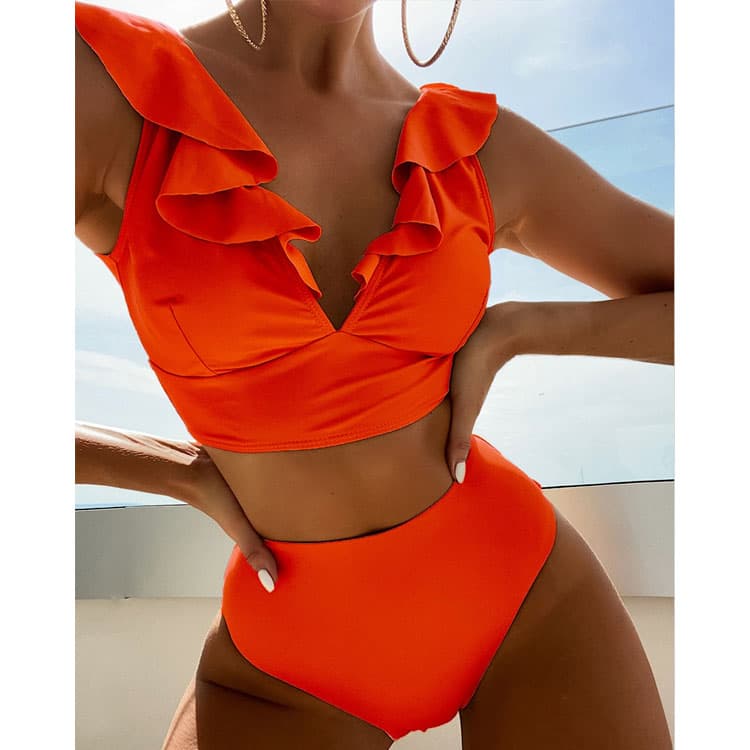2024 New Multicolor Ruffled V Neck Split Swimsuit High Waist Split Bikini Women