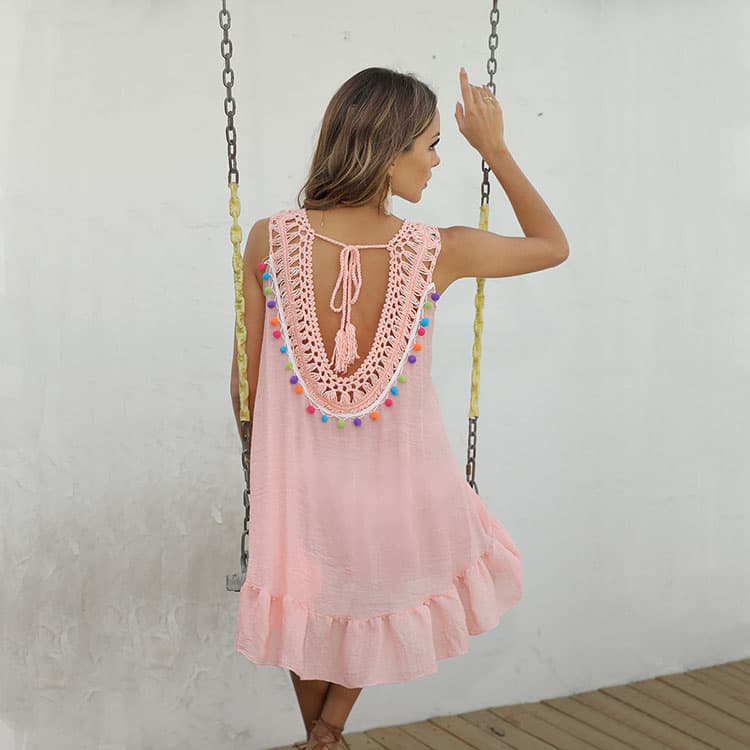 Hot Selling Sleeveless Fur Ball Tassel Cover Skirt Sexy Backless Hollow Beach Skirt Cover Ups