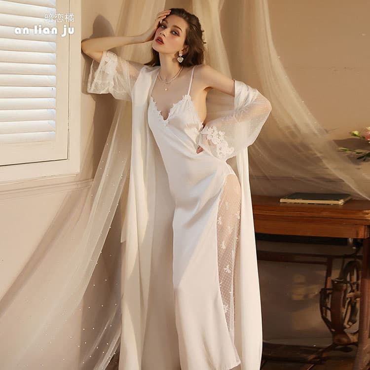 New Sexy Nightgown Bathrobe Pajamas Women Long Sleeve Ladies Satin Home Clothes