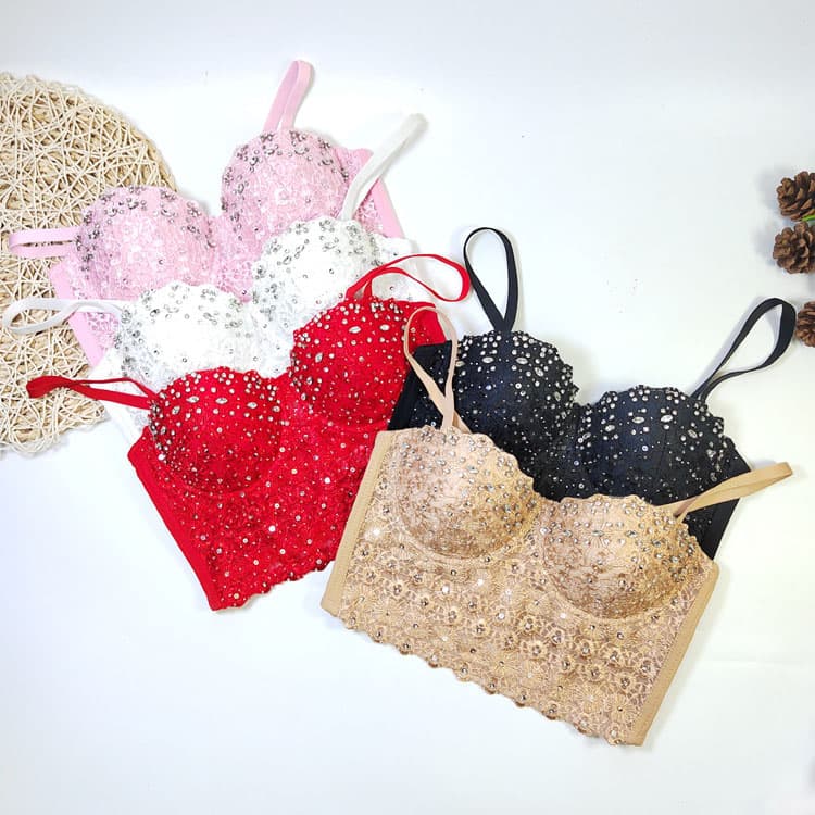 Lace Camisole Diamond Beaded Tops Short Sexy Underwear Corset