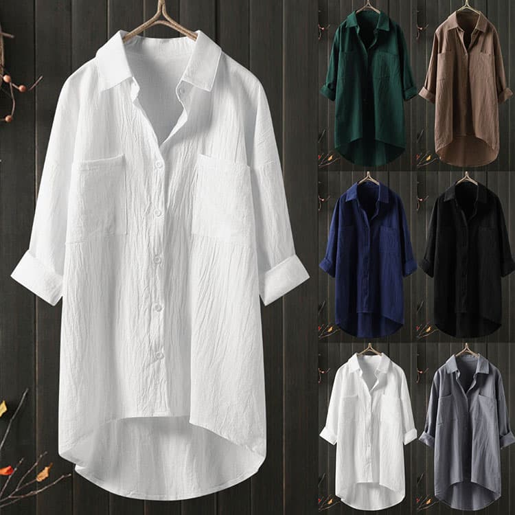 2024 Women Casual Style Solid Color Shirt Cotton and Linen Cardigan Double Pocket Long Sleeve Top Women Clothes