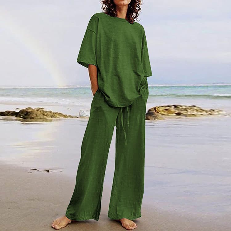 Fashionable Summer Casual Women's Suit Half Sleeve Round Neck Top Wide Leg Pants Women's Casual Clothes 2 Piece Set