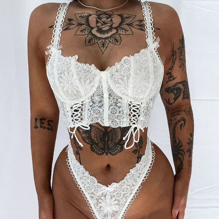 New Ins See Through Lace Babydoll Two Piece Sexy Lingerie Set