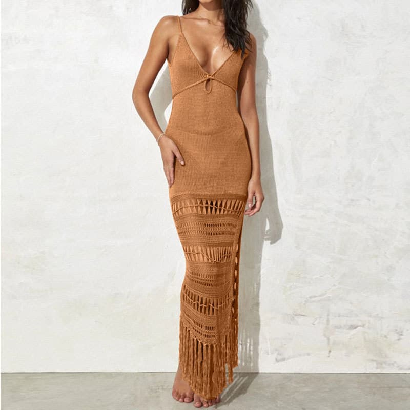 2023 Summer Sexy Knit Sexy Cover Ups Deep V Tassel Bikini Sunscreen Shirts