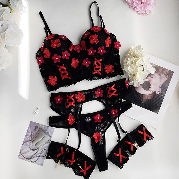 Hand-sewn Embroidery Floral See-through Sexy Underwear Set With Molded Cup Heavy Craft Steel Ring Seduction Lingerie Women