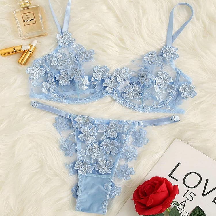 Sexy Lingerie Set Ladies Small Fresh Floral Embroidery Applique Mesh Sexy Bra Underwear