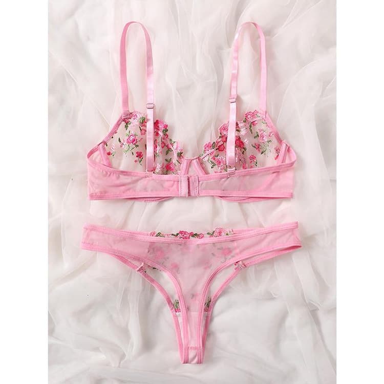 2023 Sweet Sexy Low Waist Lace Embroidery Mesh Women Perspective Sexy Lingerie Set